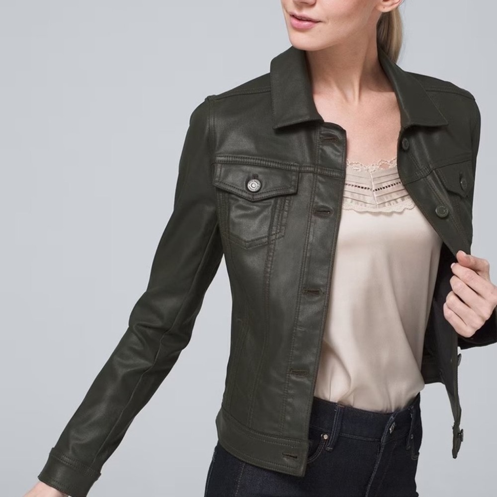 White House Black Market Coated Army Green Denim Jacket